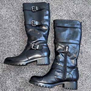 Karl Lagerfeld Black Leather 3-Buckle Inner-Zip Boots - Size 10